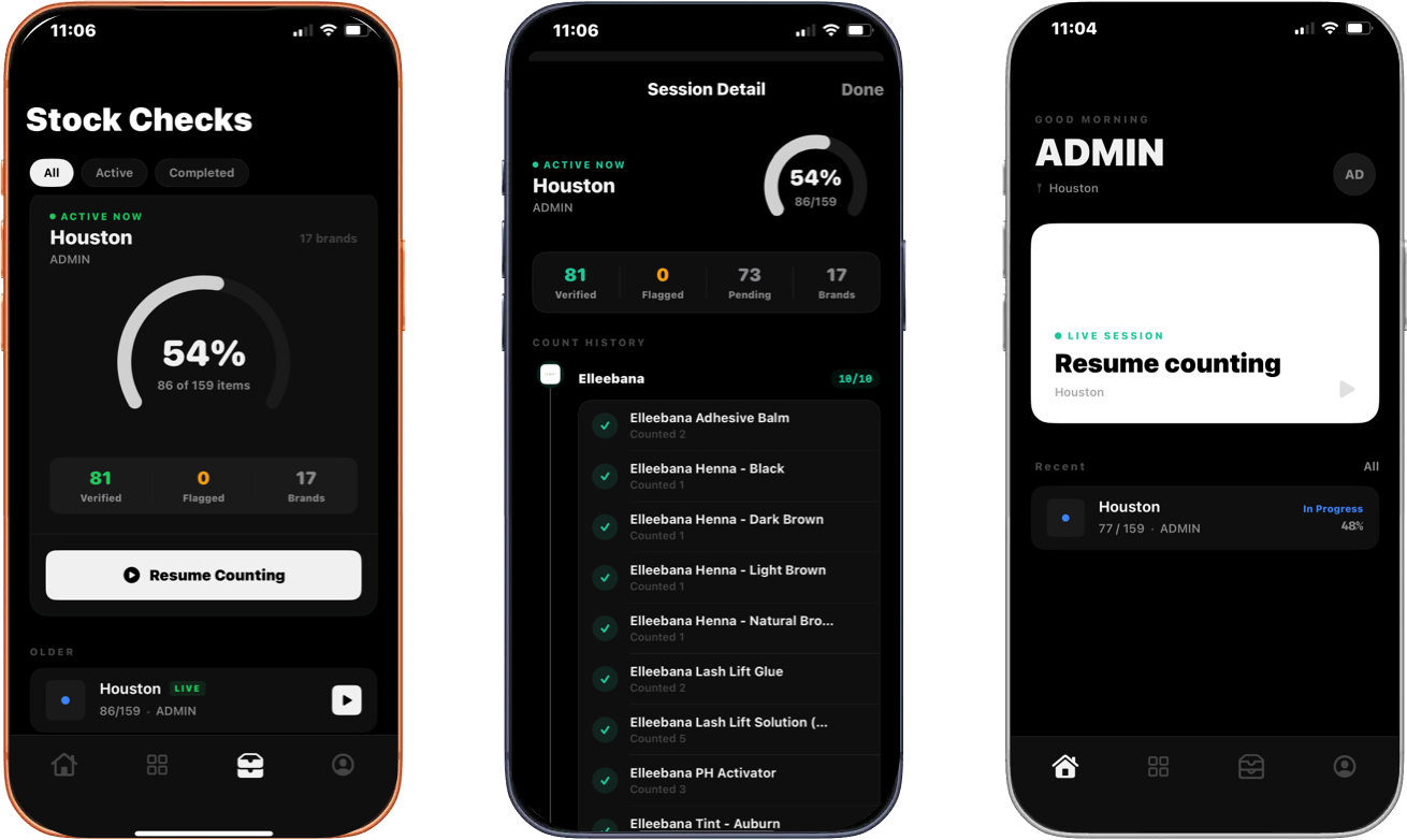 Stock Check — Dashboard, Sessions, Detail